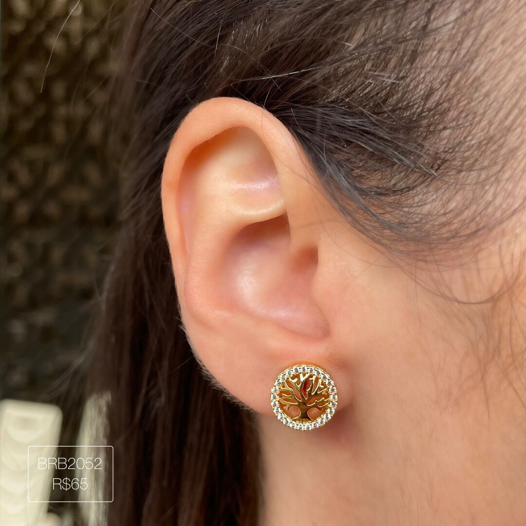 Brinco Árvore da Vida Cravejado Cristal Dourado